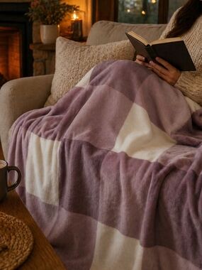 Cozy Plush Throw Blanket Purple/Mauve & White Checkered 80x60 Soft Polyester